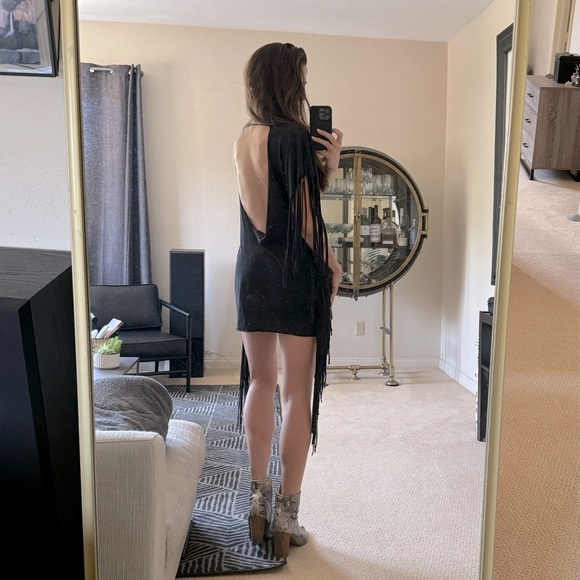 Black fringe Novella Royale backless oversized top/ mini dress - Picture 2 of 2